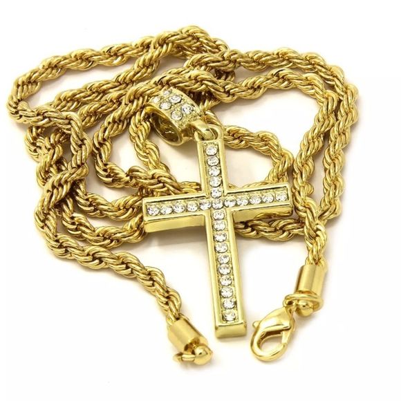 14K Gold Plated Cross On 24" Rope Chain - Picture 3 of 5